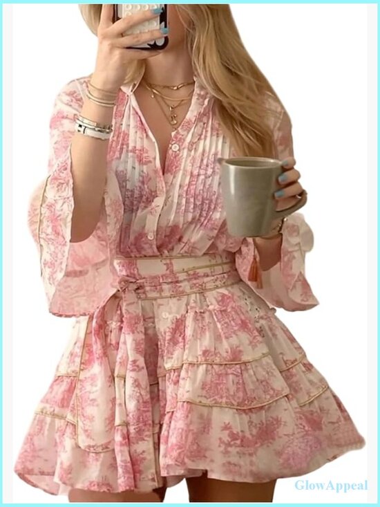 Dresses & Skirts - Flowy V Neck Mini Dress with 3/4 Sleeves Boho Vacation